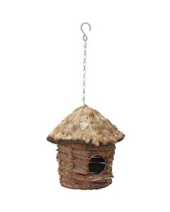 Round hut house for small birds with roof covered with leaves V5739