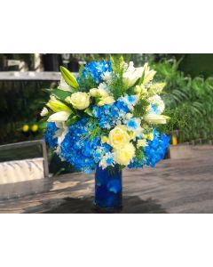 Blue Flower Bouquet in Blue Vase - Mix Flowers