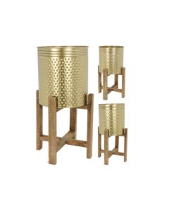 KI Planter Gold Steel with Wood Stand Large