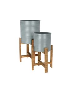 KI Planter Steel Mat Olive Green with Wooden Stand Large